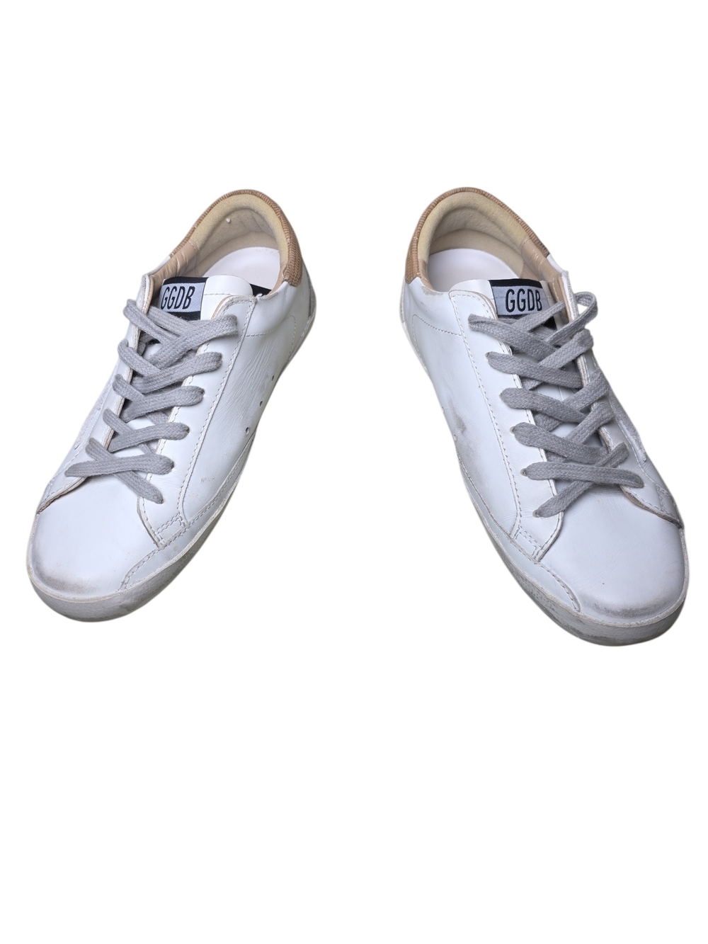 Golden Goose White Leather Low-Top Sneakers with Gray Laces and Tan Heel, Size 6